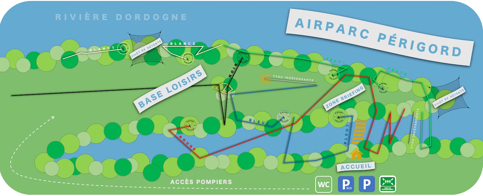 Plan d'AirParc Périgord : parcours accrobranche Blanc, Vert, Bleu, Rouge, Noir. Zone Briefing, Base Loisirs et Espace Détente (filets) au bord de la rivière Dordogne. Accueil, parking et sanitaires indiqués.